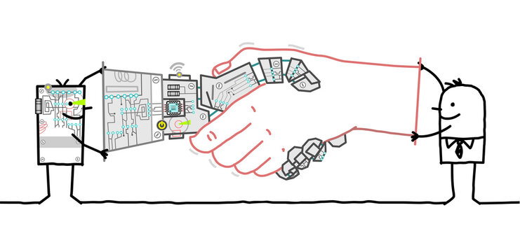 Cartoon Businessman and Robot holding up a big Handshake