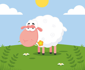 Obraz na płótnie Canvas White Sheep Cartoon Character With A Flower. Vector Illustration Flat Design With Background