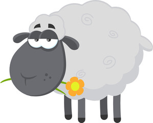 Black Sheep Cartoon Character With A Flower. Vector Illustration Flat Design Isolated On Transparent Background