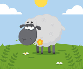 Obraz na płótnie Canvas Black Sheep Cartoon Character With A Flower. Vector Illustration Flat Design With Background
