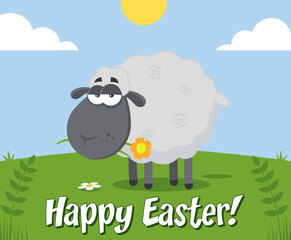 Black Sheep Cartoon Character With A Flower. Vector Illustration Flat Design With Background And Text