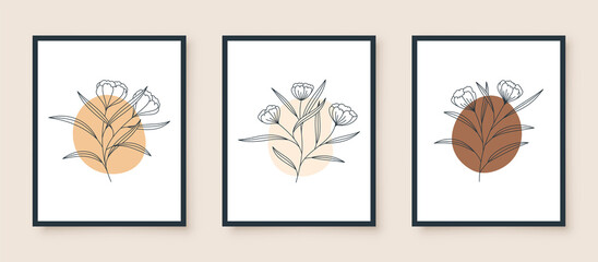 set of line art flower in frame design