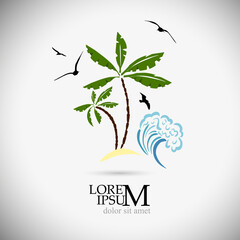 Palm tree object. Vector illustration. Sea and seagulls. Logo palm.