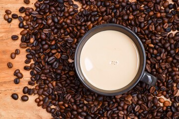 View from above of a cup of coffee on the pile of coffee beans 