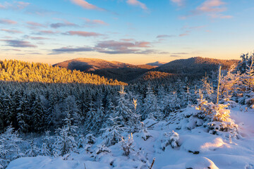 Vivid sunrise in the mountains. A red morning in beskydy czech repablick.