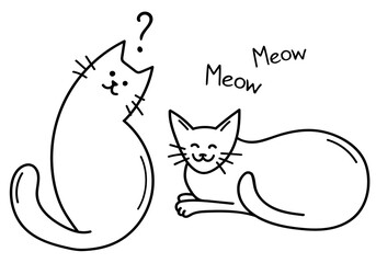 Hand draw cute cats in doodle style. Smiling cat lies on a blanket. Interrogative cat sits with his head to one side. Satisfied domestic cats. Black isolated on a white background. Vector illustration