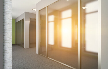 Modern meeting room. 3D rendering.. Empty office. Sunset.