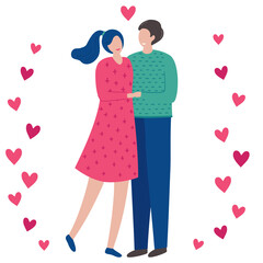 A man and a woman are embracing holding hands. Young couple hugs. Valentine's day card. People in love. Vector flat cartoon illustration isolated on a white background with hearts. 