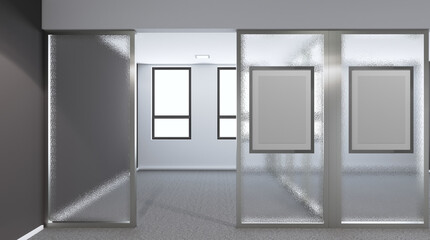 Open space office interior with like conference room. Mockup. 3D rendering.. Blank room.  Mockup.. Blank paintings.