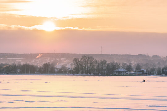 sunset near the pond in Votkinsk in winter