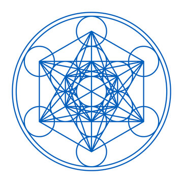 Metatrons Cube framed in two circles. Mystical symbol, derived from the Flower of Life. Thirteen circles are connected with straight lines. Sacred Geometry. Illustration over white background. Vector.