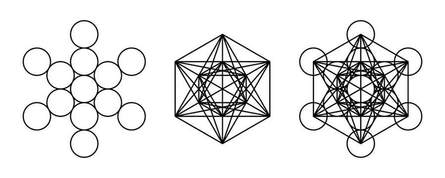 Components of Metatrons Cube. Mystical symbol, derived from the Flower of Life. All thirteen circles are connected with straight lines. Sacred Geometry. Black and white illustration over white. Vector