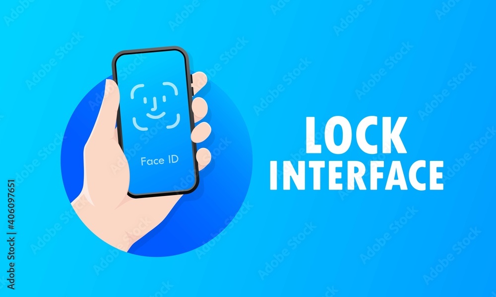 Poster screen lock banner. face id. phone id recognition screen lock password or lock screen passcode numbe