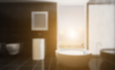 Naklejka na ściany i meble Freestanding bath with towels in grey modern bathroom. 3D rendering.. Abstract blur phototography