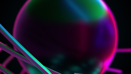 Iridescent neon sphere and plexus of metallic fibers, computer generated. 3d render of abstract backdrop