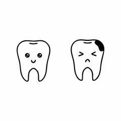 Two teeth with cute faces. A healthy tooth and tooth decay. Vector set on the topic of hygiene and oral care. Illustration for a dental clinic.