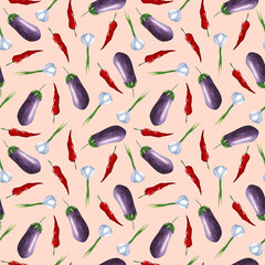 Watercolor hand drawn vegetable pattern on peach colored background. Eggplant, peeper and garlic seamless print. Vegetables ornament design.