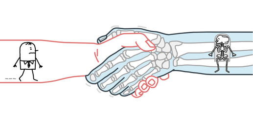 Cartoon Man and Skeleton walking inside a big Handshake