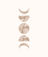 Boho wall art print with moon and sun alcohol ink texture. 
