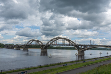 Russia July 1, 2020 Rybinsk view of the Volga bridge, photo taken in summer in cloudy weather