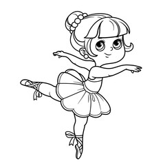 Cartoon little ballerina girl standing on one leg outlined for coloring isolated on a white background