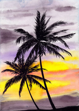 Watercolor illustration of a silhouette of two palm trees on a background of yellow-pink sunrise clouds