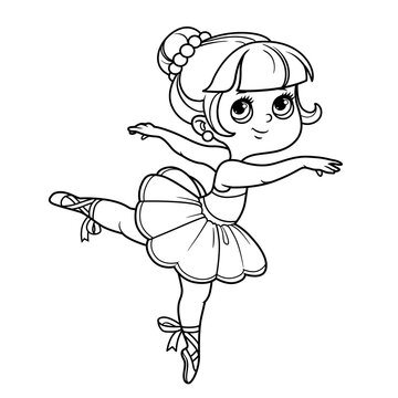 Cartoon little ballerina girl standing on one leg outlined for coloring isolated on a white background