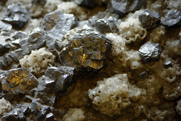 crude pyrite on rock closeup