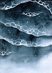 Watercolor illustration of navy blue ocean waves with white seafoam	