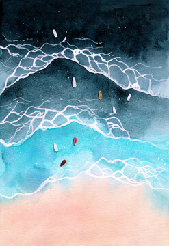 Watercolor Illustration Of Navy Blue Ocean Waves With Splashes, Sandy Beach Some Yachts	