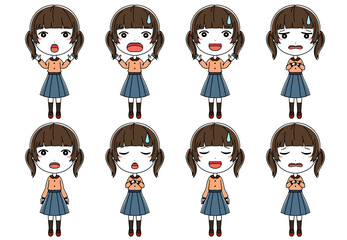驚いたり困惑している女の子の全身イラストセット