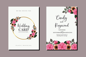 Wedding invitation frame set, floral watercolor hand drawn Camellia Flower design Invitation Card Template