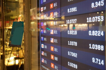 View of Global currency exchange rate charts in Hong Kong, China. 