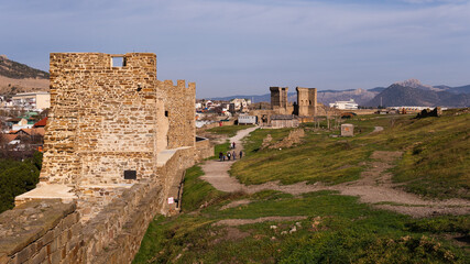 Fototapeta na wymiar Sudak castle wall and ancient city relics in Crimea