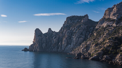 Landscape view on mountains and Black sea in Crimea, Sudak with colorful sky at Tropa Golitsina