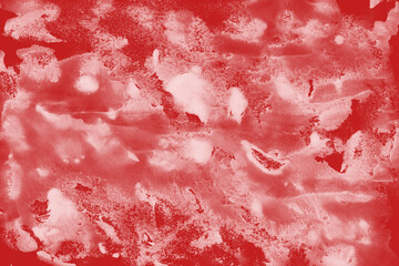 Red ink and watercolor texture on white paper background. Paint leaks and decalcomania effects....