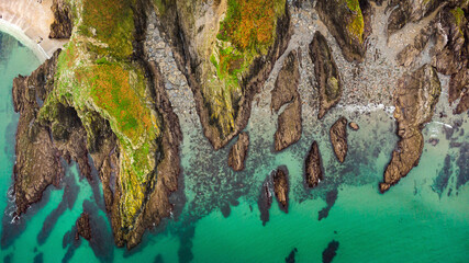 Aeiral view of the cliffs at Mevagissey coast, Cornwall, UK.