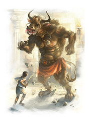 The Minotaur and Theseus. Digital illustration.
