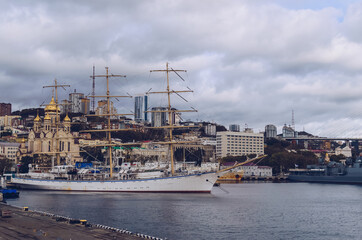 cityscape of Vladivostok with big retro ship