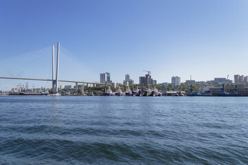 Obraz premium Golden horn bay with golden bridge in Vladivostok