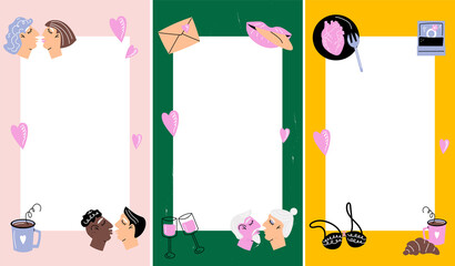 Valentine's Day. Bright vector flat  set of cover designs for Valentine's Day in cartoon style. Cover designs in cartoon style for brochures, stories, applications. Couples of different genders, ages.