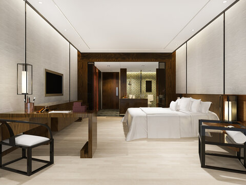 3d rendering luxury modern bedroom suite in hotel with asian style decor