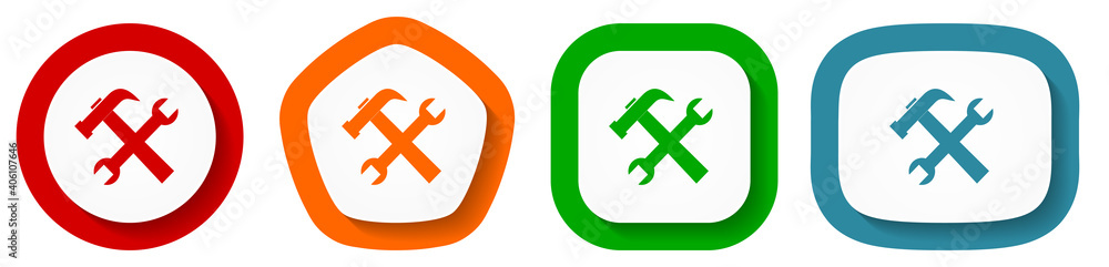 Poster tools, service vector icon set, flat design hammer and wrench buttons on white background