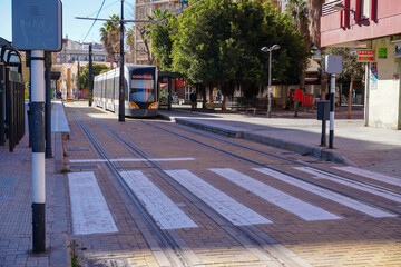 New modern electric trams – 2020 - public electric transport system, urban transportation in the city of Valencia .-