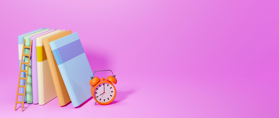 Education concept. 3d of book, clock on pink background. Modern flat design isometric concept of Education for website and mobile website. Landing page template. Back to school, banner design template