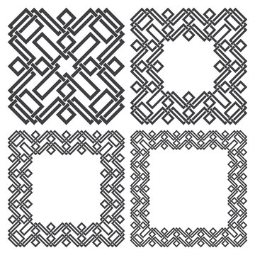 Set of magic knotting frames. 4 square decorative logo elements with stripes braiding for your design.