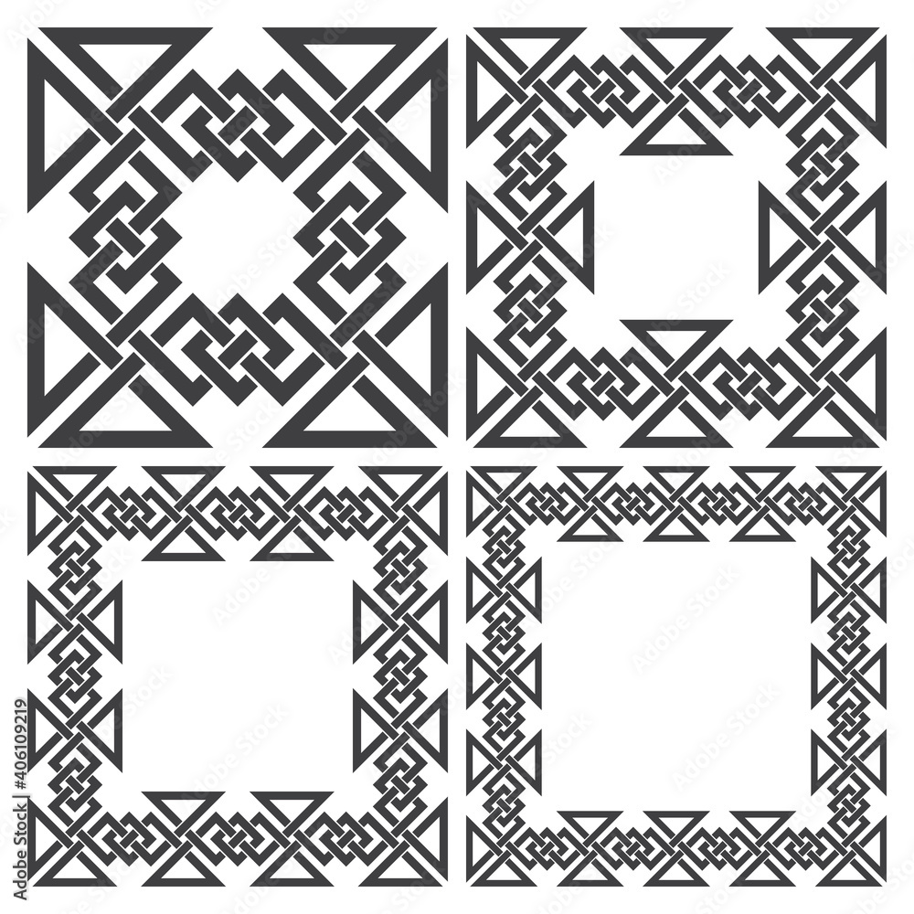 Aufkleber set of square frames. 4 decorative logo elements with stripes braiding. rectangular patterns, border