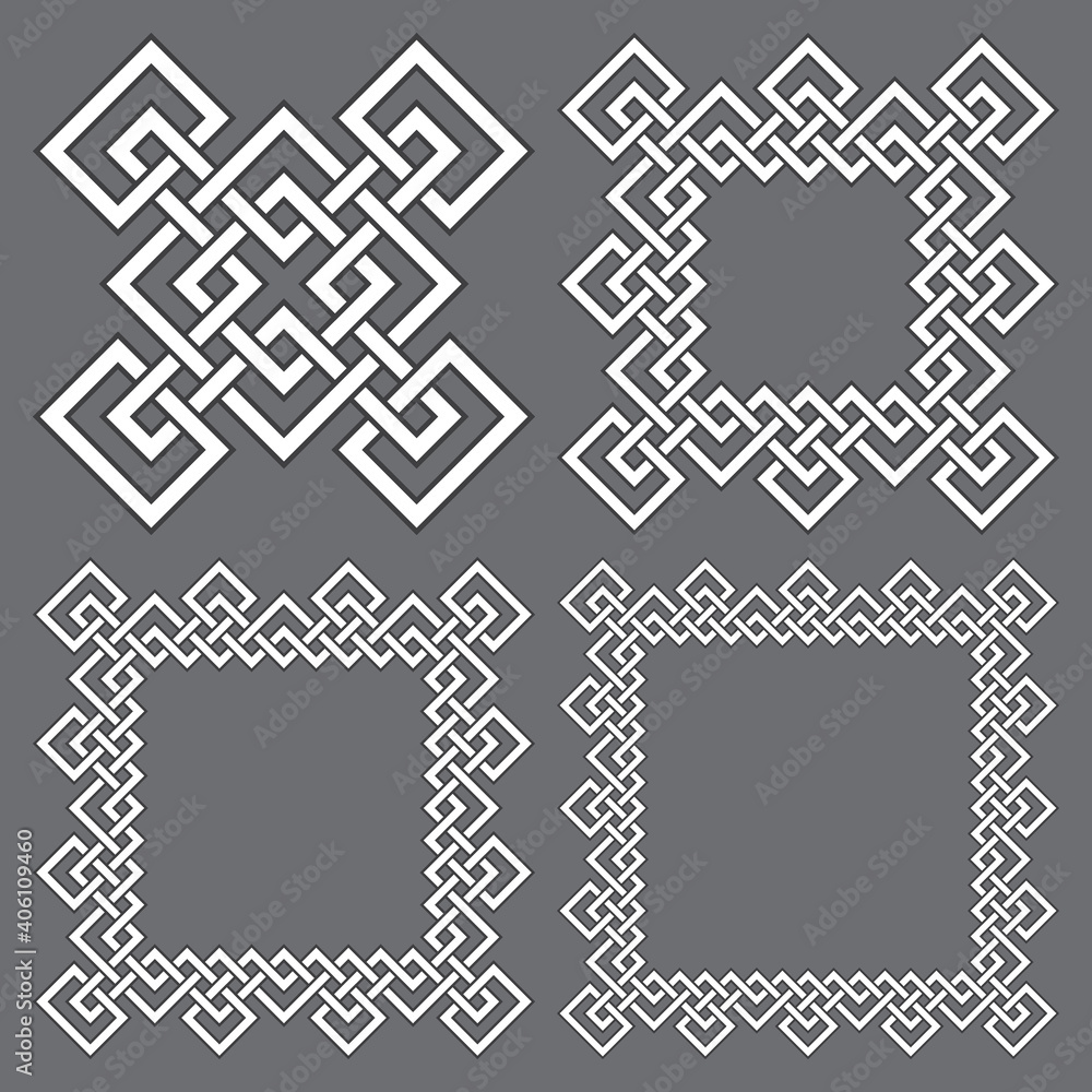Poster set of square frames, rectangular patterns. 4 decorative elements for design with stripes braiding b