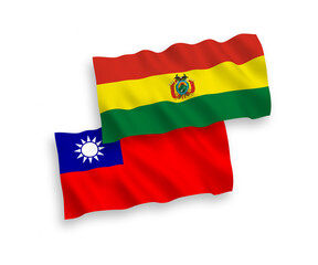 Fototapeta premium National vector fabric wave flags of Bolivia and Taiwan isolated on white background. 1 to 2 proportion.