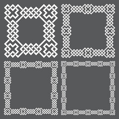 Set of square frames, rectangular patterns. 4 decorative elements for design with stripes braiding borders. White lines with black strokes on gray background.